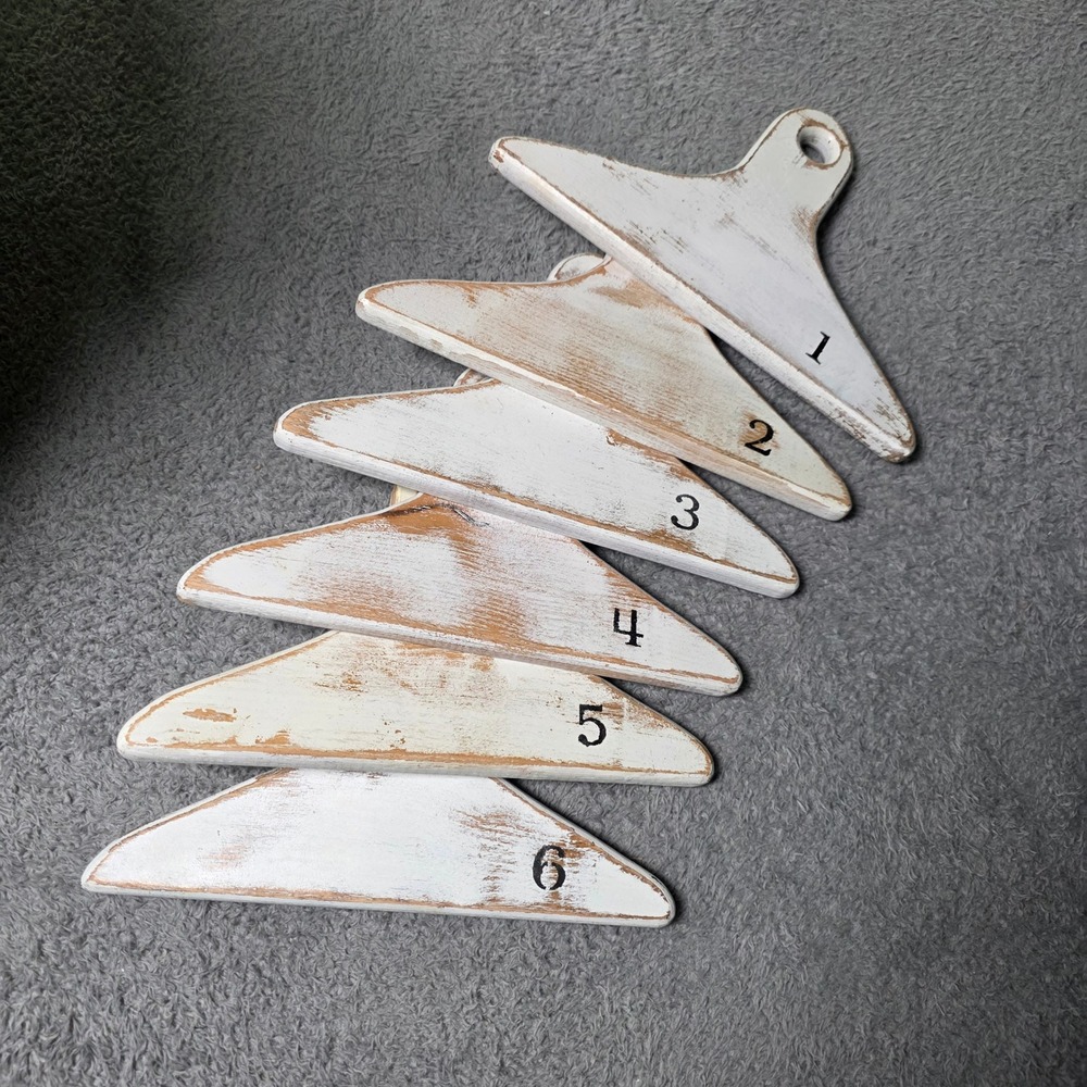 Vintage Wooden Hangers White Distressed Numbered Set of 6 Farmhouse Cottage Core